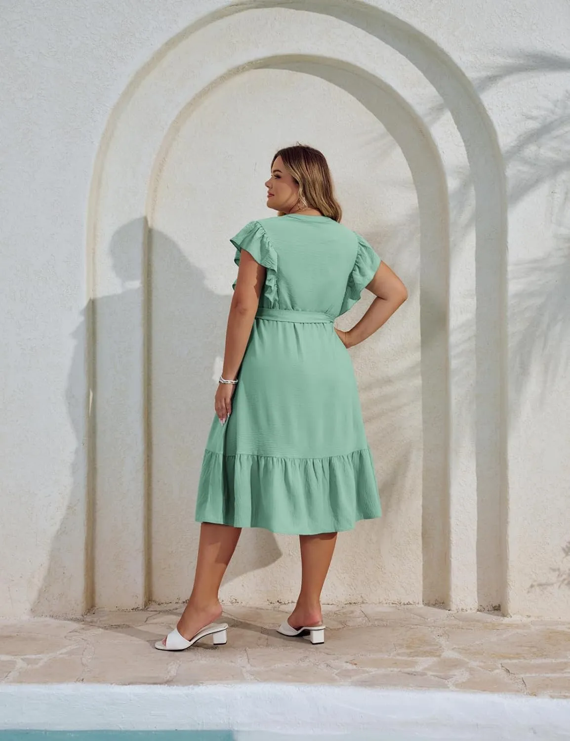 Hanna Nikole Plus Size Women's A-Line Dress with Ruffle Sleeves and Smocked Bust Elastic Waistband Lined Party Dress