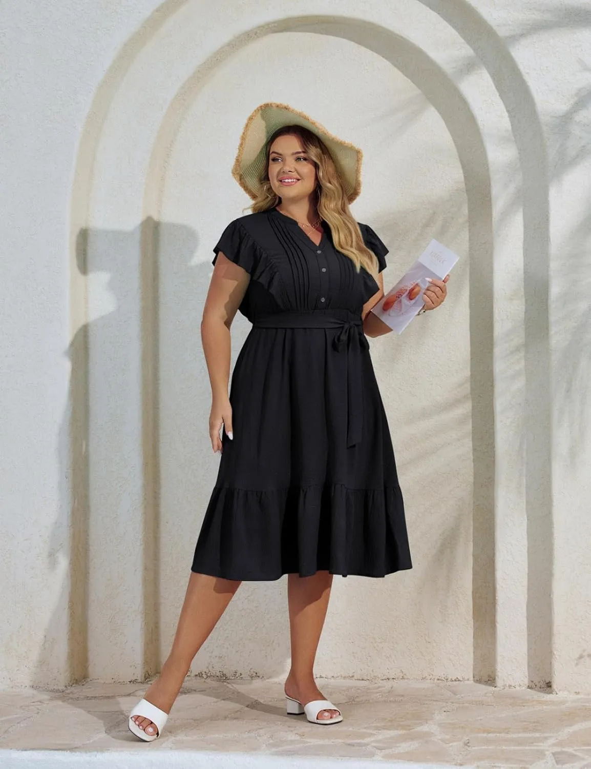 Hanna Nikole Plus Size Women's A-Line Dress with Ruffle Sleeves and Smocked Bust Elastic Waistband Lined Party Dress
