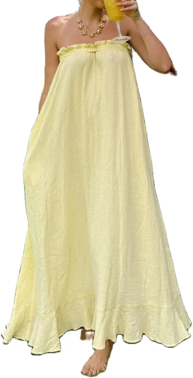Juakoso Women Y2k Strapless Maxi Dress Floral Print Flowy A Line Long Dress Elegant Summer Vacation Party Dresses Beachwear