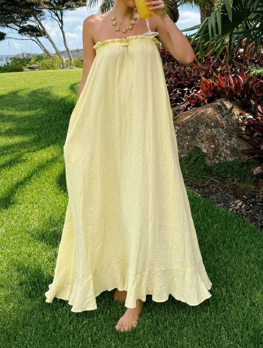 Juakoso Women Y2k Strapless Maxi Dress Floral Print Flowy A Line Long Dress Elegant Summer Vacation Party Dresses Beachwear