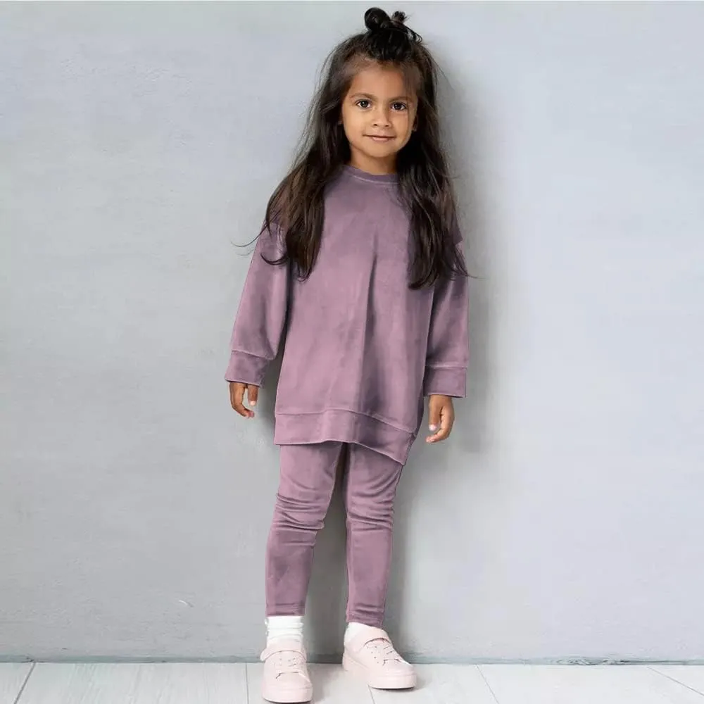 Kids Tales Little Girls Velour Sweatsuit 2Pcs Velvet Round Neck Sweatshirt   Sweatpants Fleece Pullover Jogger Outfits Set