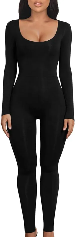 LAGSHIAN Women's Sexy Bodycon Long Sleeve Scoop Neck One Piece Jumpsuit Romper