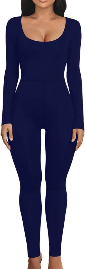 LAGSHIAN Women's Sexy Bodycon Long Sleeve Scoop Neck One Piece Jumpsuit Romper
