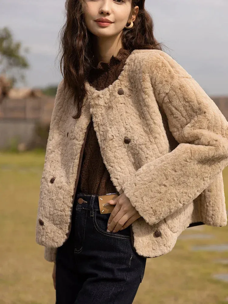 Lamb Wool Coat for Women Winter Short Single Breasted O neck Jacket