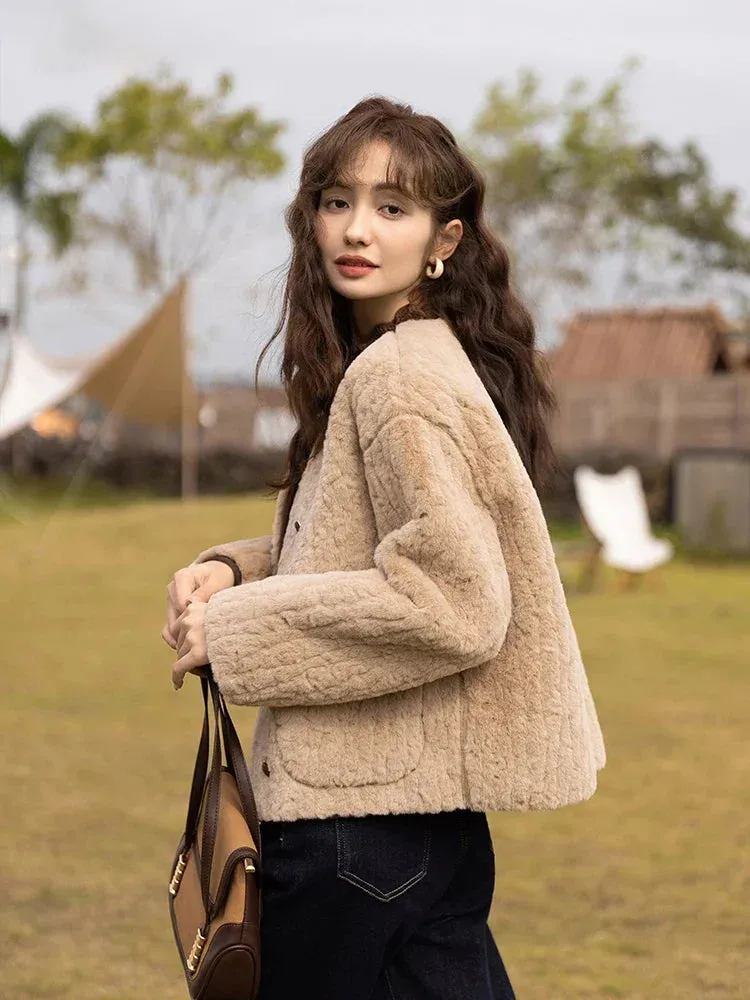 Lamb Wool Coat for Women Winter Short Single Breasted O neck Jacket