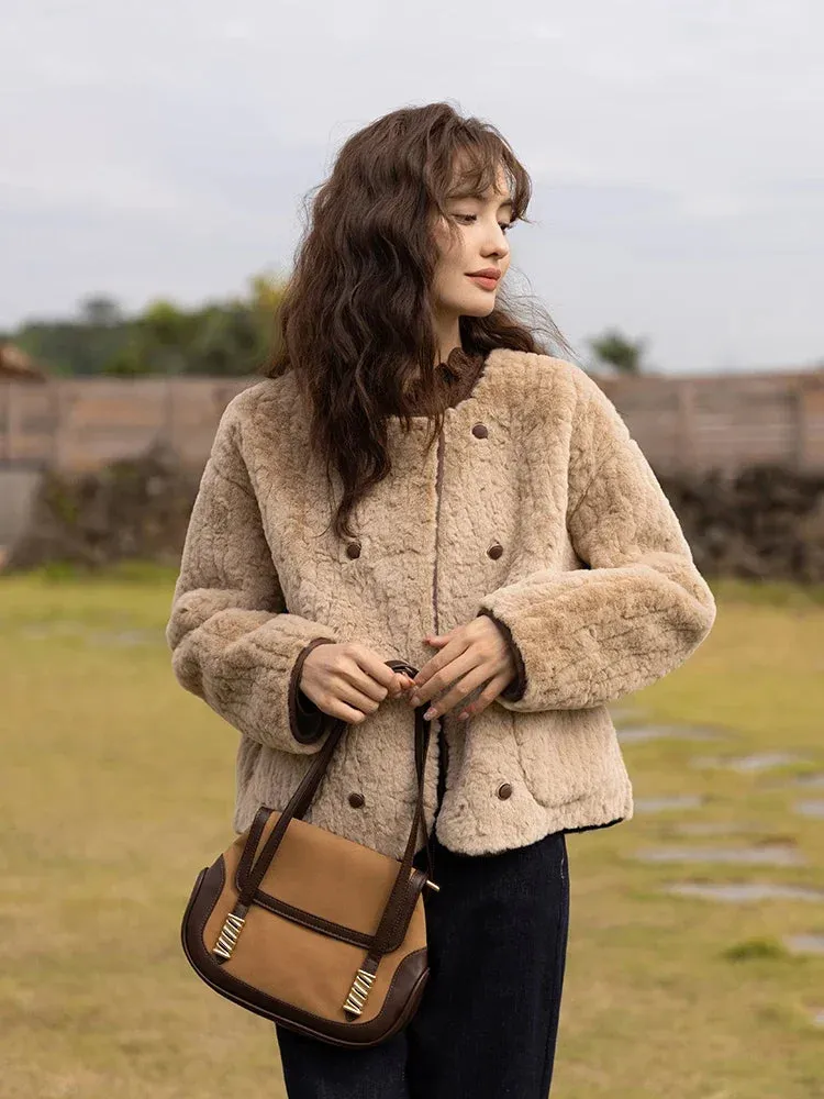 Lamb Wool Coat for Women Winter Short Single Breasted O neck Jacket