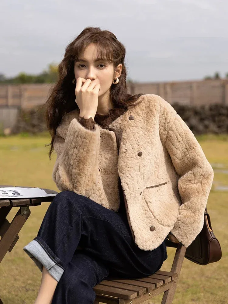 Lamb Wool Coat for Women Winter Short Single Breasted O neck Jacket