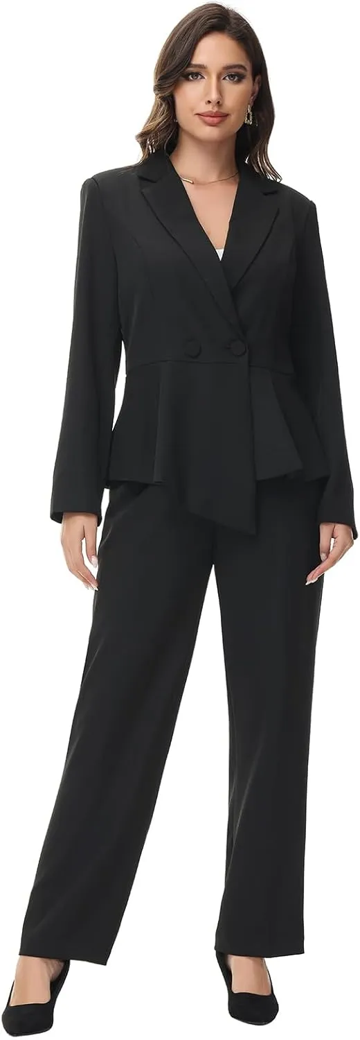 Lamgool Women's Suit Outfits Set 2 Piece Ruffle Blazer with Pants Suit Set Long Sleeve Business Casual