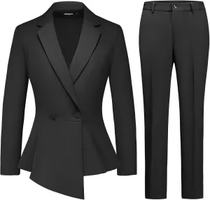 Lamgool Women's Suit Outfits Set 2 Piece Ruffle Blazer with Pants Suit Set Long Sleeve Business Casual