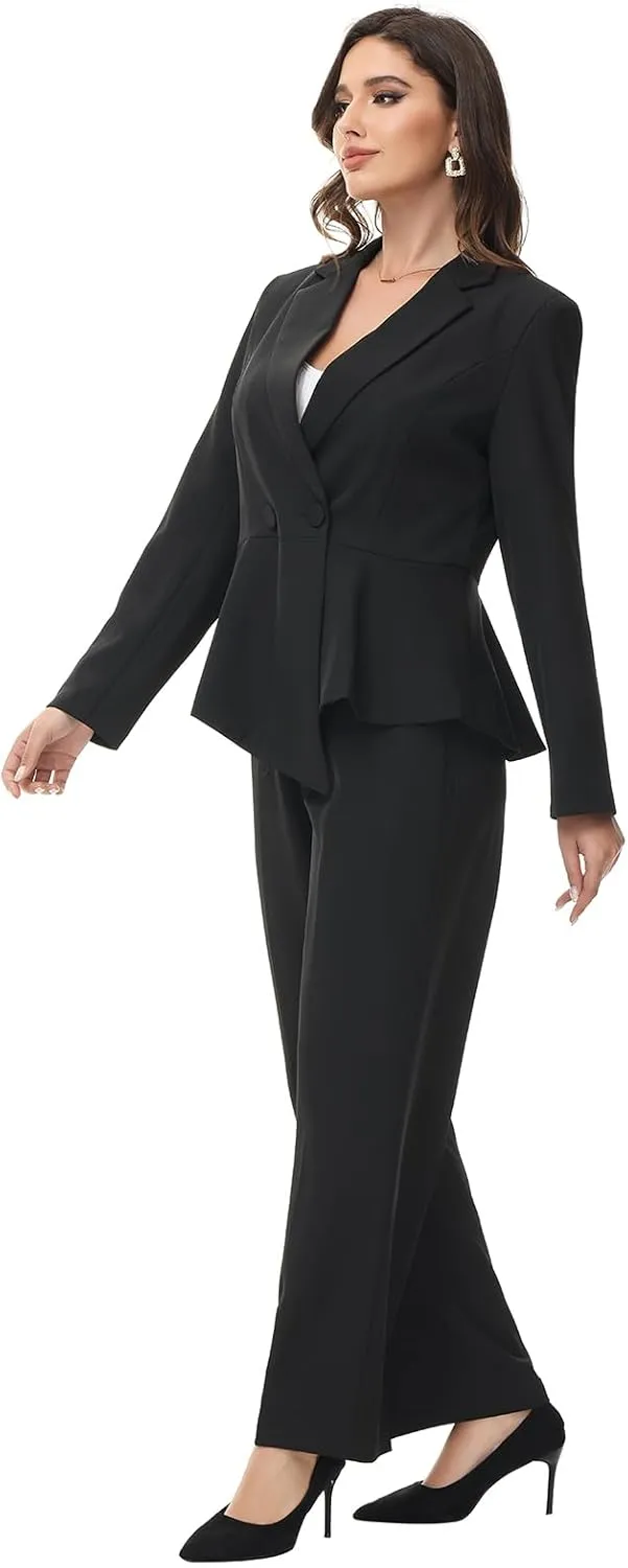 Lamgool Women's Suit Outfits Set 2 Piece Ruffle Blazer with Pants Suit Set Long Sleeve Business Casual
