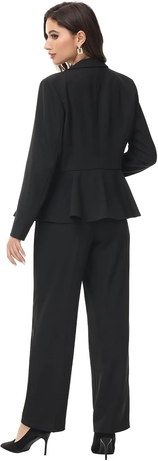 Lamgool Women's Suit Outfits Set 2 Piece Ruffle Blazer with Pants Suit Set Long Sleeve Business Casual