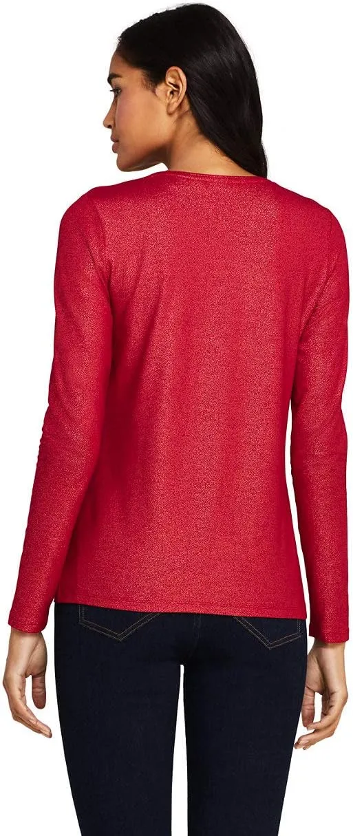 Lands' End Women's Long Sleeve Christmas T-Shirt Metallic Foil