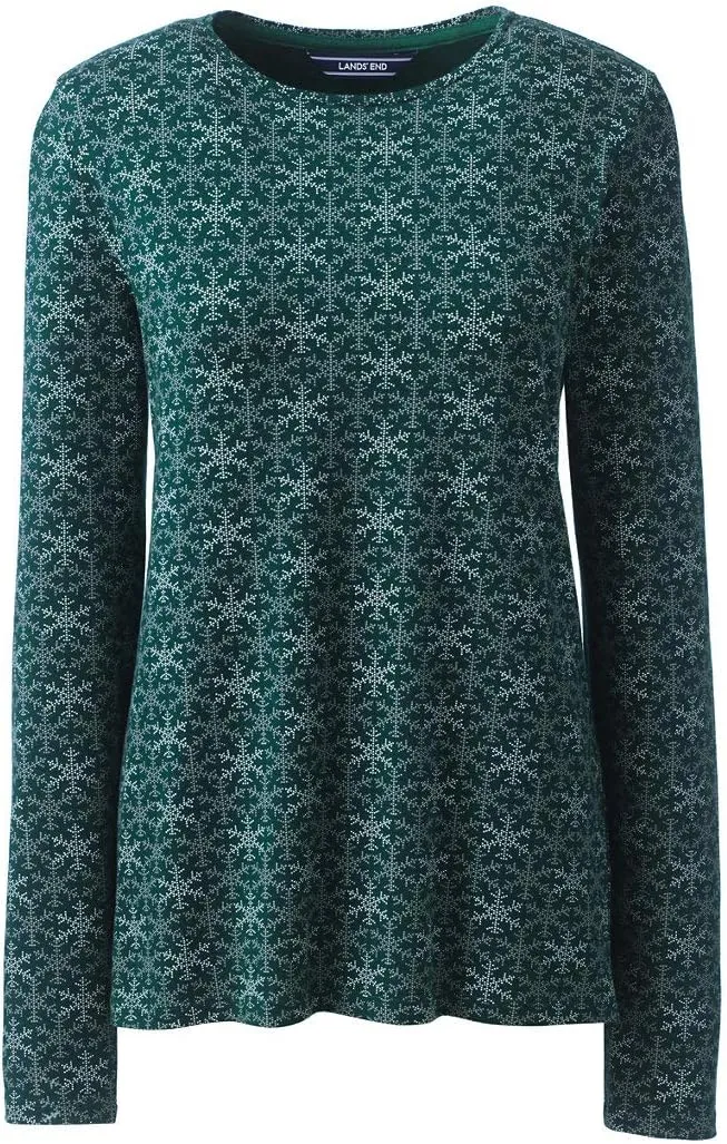 Lands' End Women's Long Sleeve Christmas T-Shirt Metallic Foil