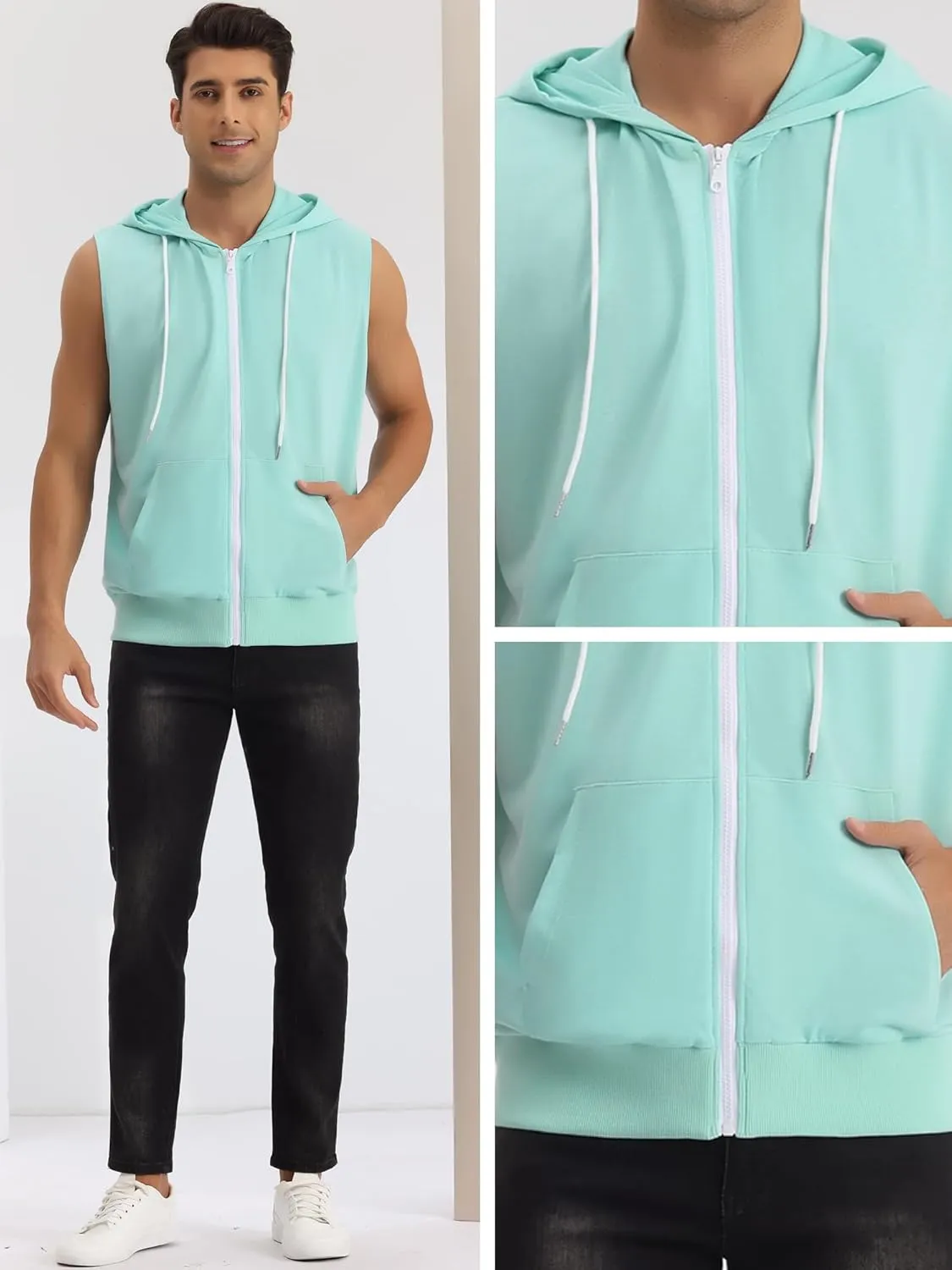 Lars Amadeus Sleeveless Hoodie for Men's Zipper Drawstring Hooded Sweatshirt Vest