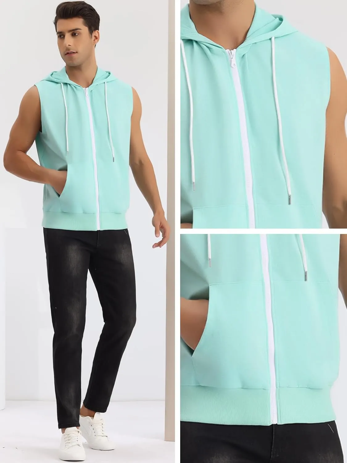 Lars Amadeus Sleeveless Hoodie for Men's Zipper Drawstring Hooded Sweatshirt Vest