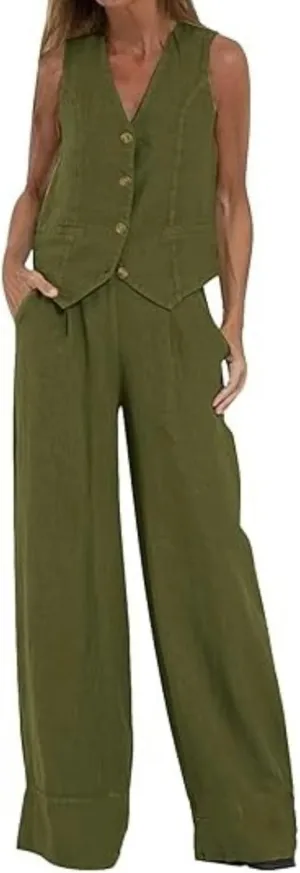 Linen Sets for Women 2 Piece Outfits Linen Pant Sets Casual Button Waistcoat V Neck Crop Vest Blazer