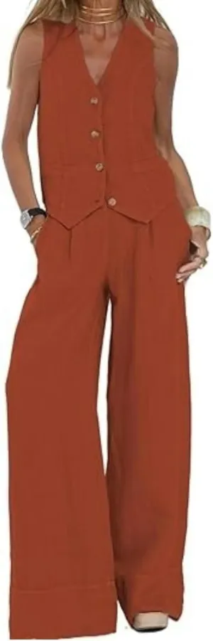 Linen Sets for Women 2 Piece Outfits Linen Pant Sets Casual Button Waistcoat V Neck Crop Vest Blazer