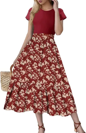 Maxi Dresses for Women 2025 Summer Casual Trendy Short Sleeve Crew Neck Floral Print Flowy Boho Dress, S-2XL