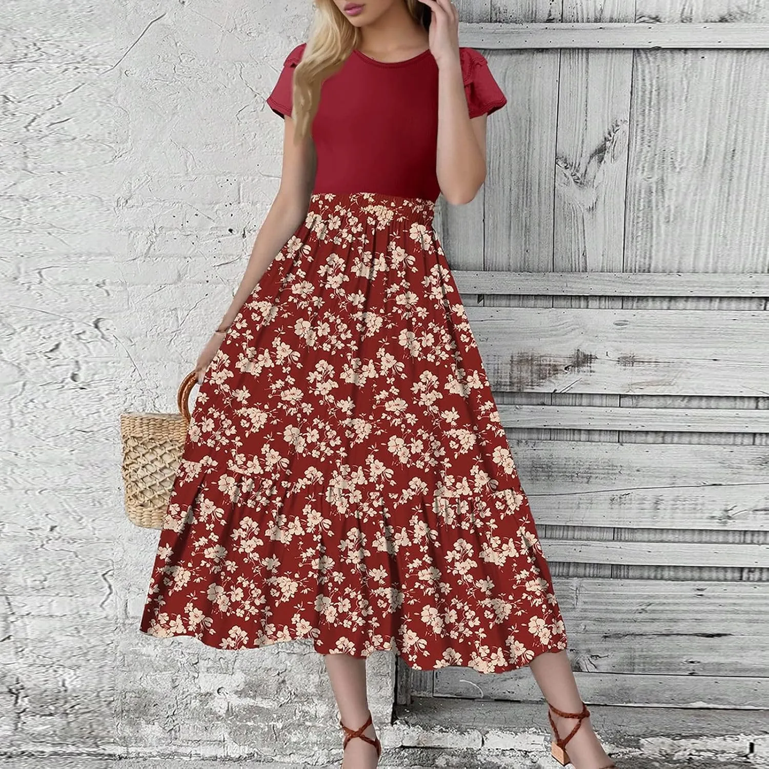Maxi Dresses for Women 2025 Summer Casual Trendy Short Sleeve Crew Neck Floral Print Flowy Boho Dress, S-2XL