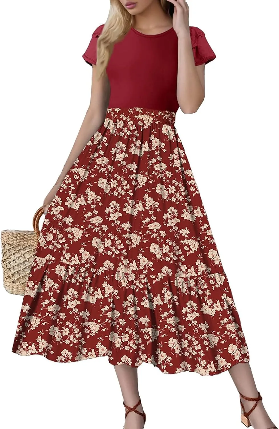 Maxi Dresses for Women 2025 Summer Casual Trendy Short Sleeve Crew Neck Floral Print Flowy Boho Dress, S-2XL