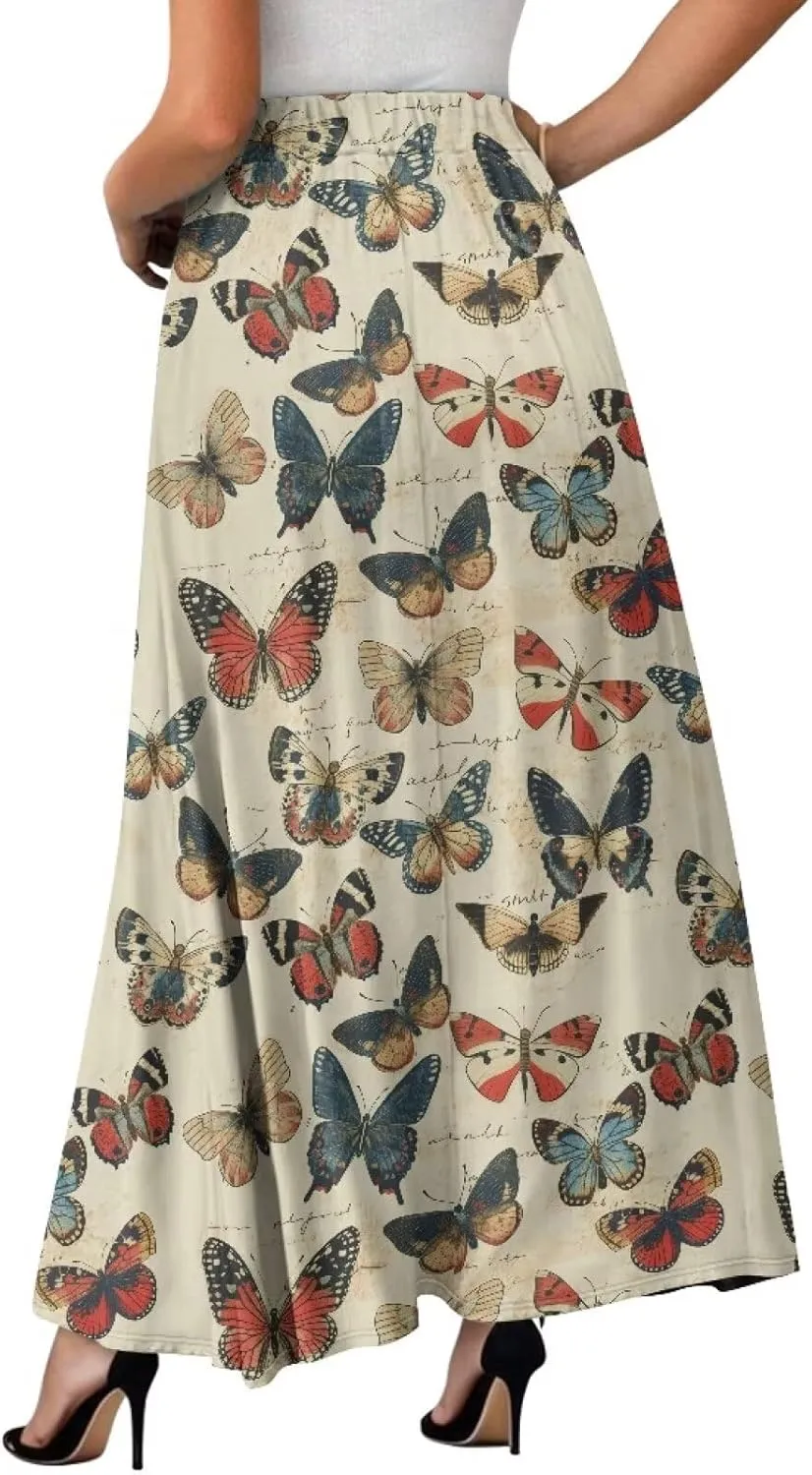 Maxi Skirt for Women Long Elegant High Waisted Cocktail Party Wedding Skirts Flared A-Line Skirts with Pockets