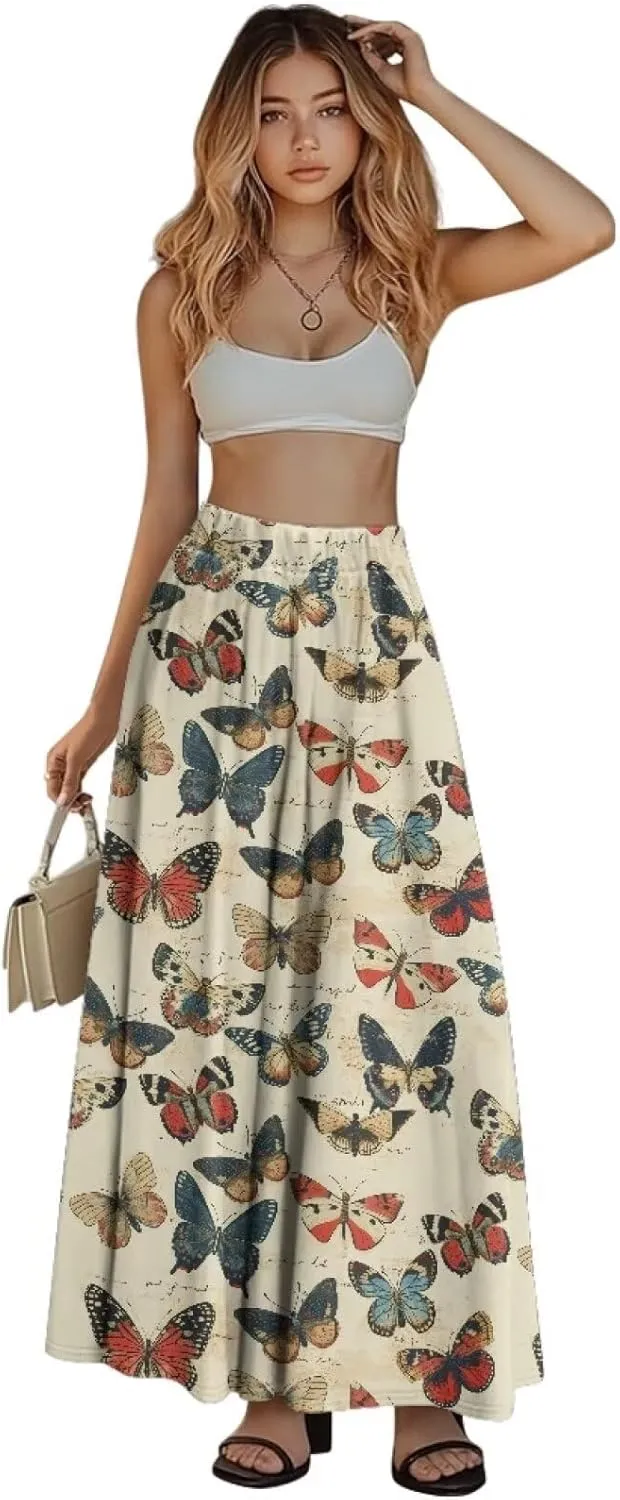 Maxi Skirt for Women Long Elegant High Waisted Cocktail Party Wedding Skirts Flared A-Line Skirts with Pockets