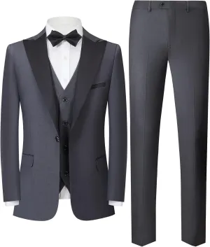 Men Suit 3 Pieces Slim Fit Solid Color Peaked Lapel Tuxedo Jacket Blazer for Party Prom Wedding