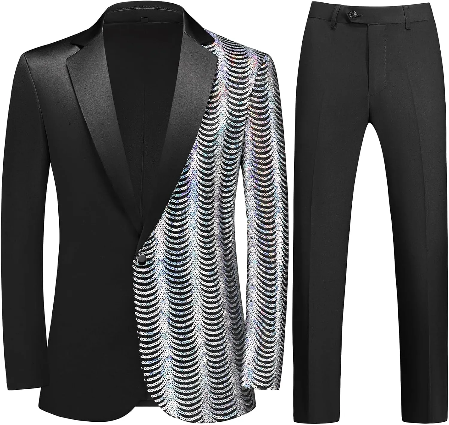 Mens 2 Piece Suit Slim Fit Sequin Shiny One Button Tuxedo Black Sequin Jacket Pants Sets for Wedding Party Prom