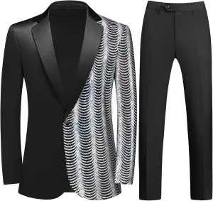Mens 2 Piece Suit Slim Fit Sequin Shiny One Button Tuxedo Black Sequin Jacket Pants Sets for Wedding Party Prom