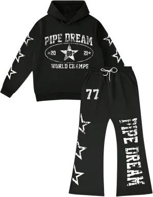 Men's 2 Piece Sweatsuit Long Sleeve Graphic Hoodies and Designer Stacked Sweatpants Jogging Suit