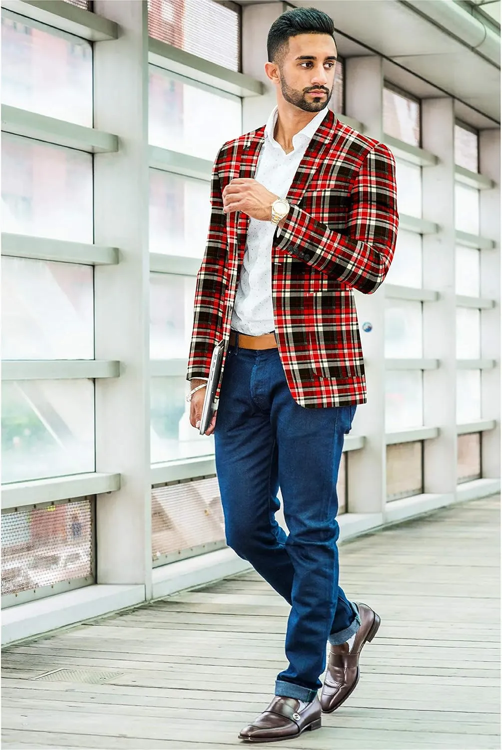 Men's Plaid Blazer 2 Button Lightweight Regular Fit Checked Plaid Suit Sport Coat Jacket Casual Daily Dress Jacket Sport Coat