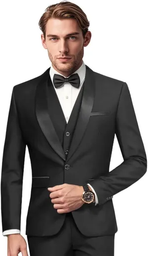 Mens Slim Fit Suit 3 Piece Solid Shawl Lapel Casual Business Blazer Set for Weddings Parties Tuxedo Jacket Pants