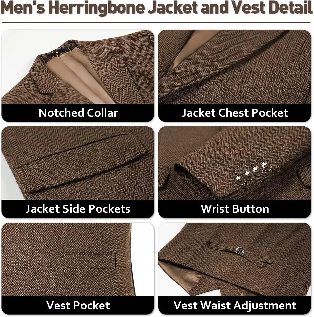 Mens Tweed Herringbone Suit Slim Fit 3 Pieces Mens Wedding Party Suit Groomsmen Tuxedos Prom Suit Jacket Vest Pants