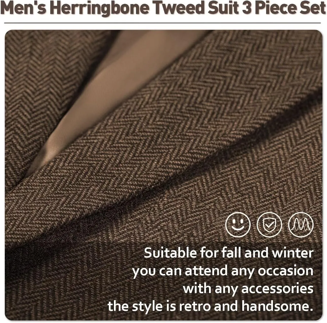 Mens Tweed Herringbone Suit Slim Fit 3 Pieces Mens Wedding Party Suit Groomsmen Tuxedos Prom Suit Jacket Vest Pants