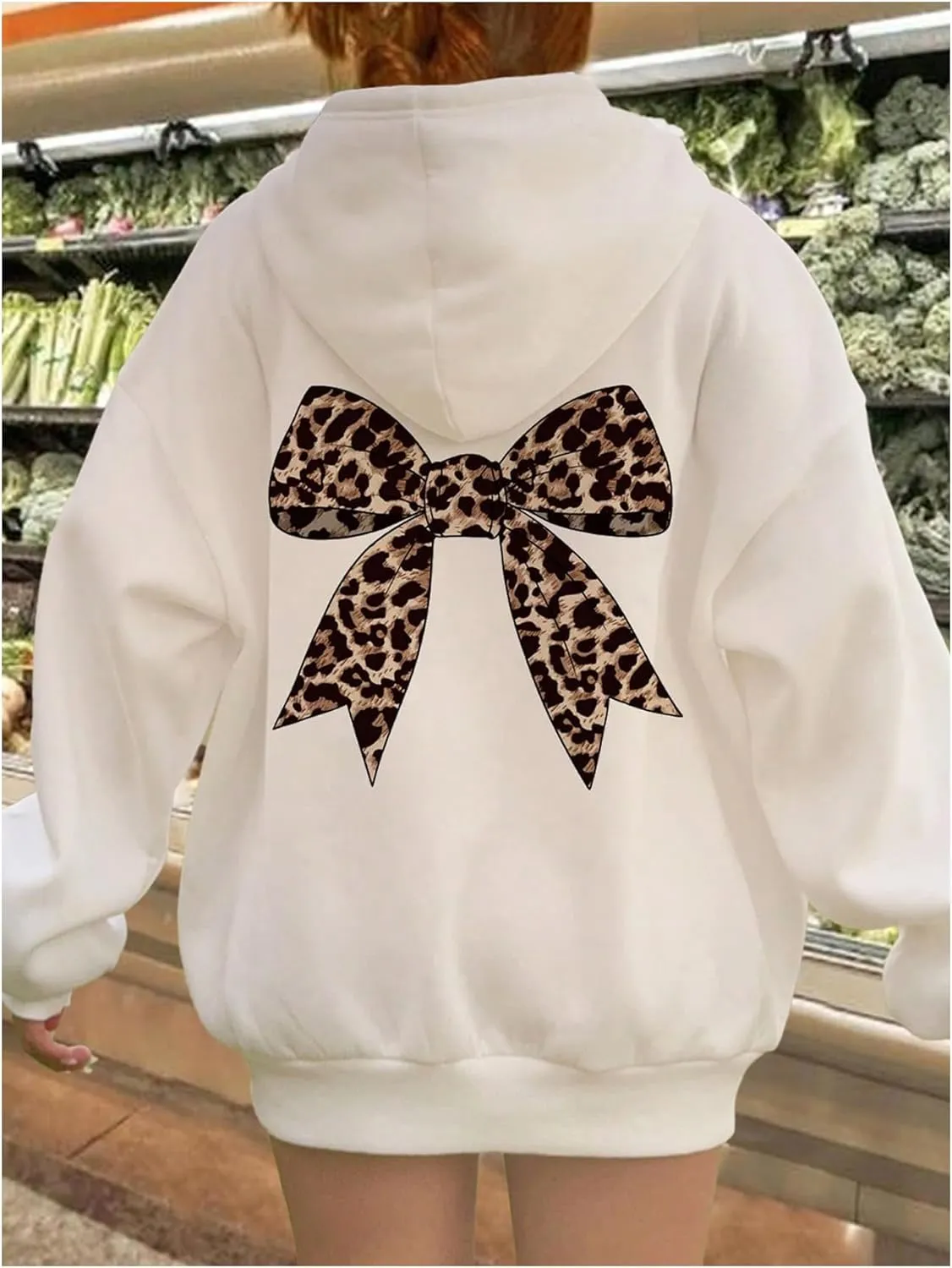 Milumia Women's Leopard Bow Print Drawstring Hoodies Long Sleeve Oversized Sweatshirt