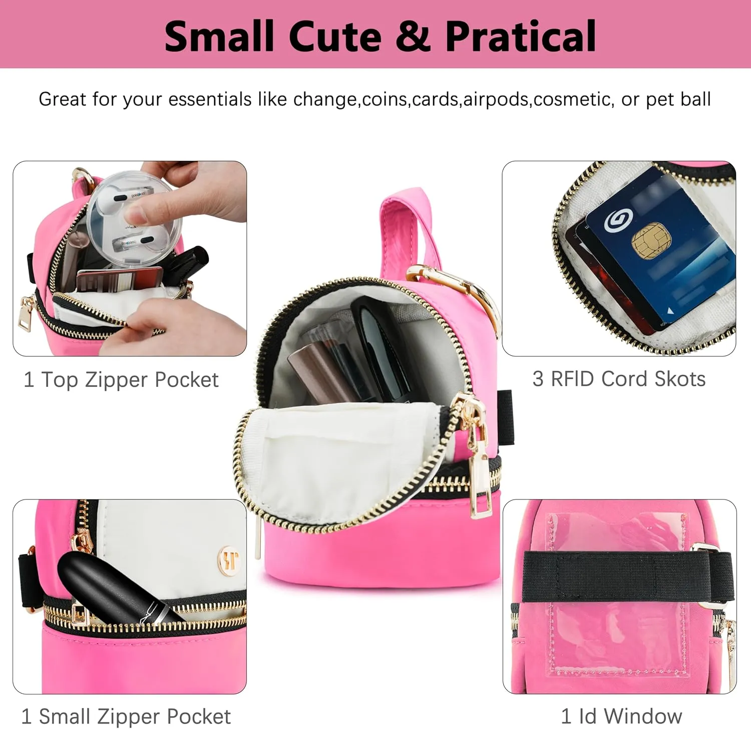 Mini Backpack Keychain Lanyard Pouch Small Change Coin Purse Cute Zipper Wallet With 3 RFID Card Slots For Women/Men Airpods Cosmetics