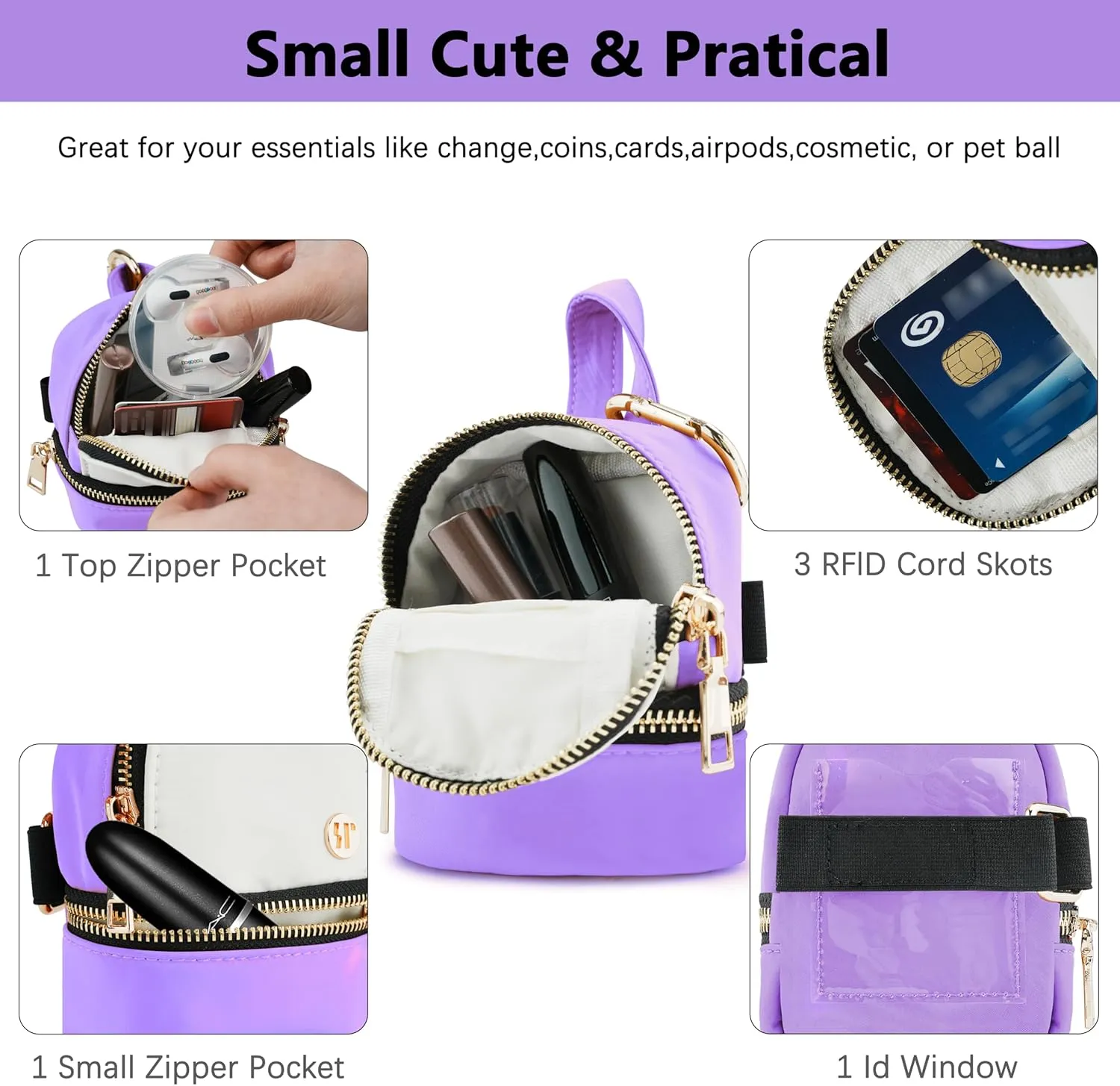 Mini Backpack Keychain Lanyard Pouch Small Change Coin Purse Cute Zipper Wallet With 3 RFID Card Slots For Women/Men Airpods Cosmetics