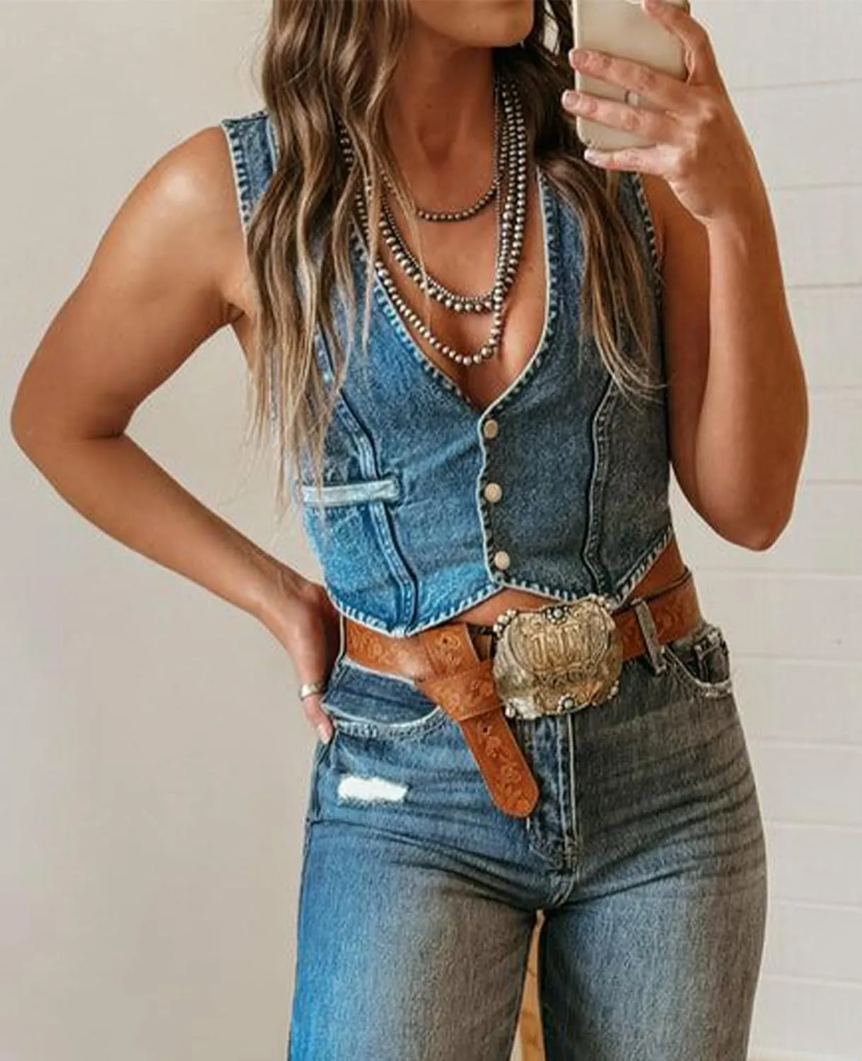 MINTLIMIT Women's Denim Vest Sleeveless V Neck Button Down Jean Waistcoat Y2K Cropped Denim Jacket Country Trendy Outfits