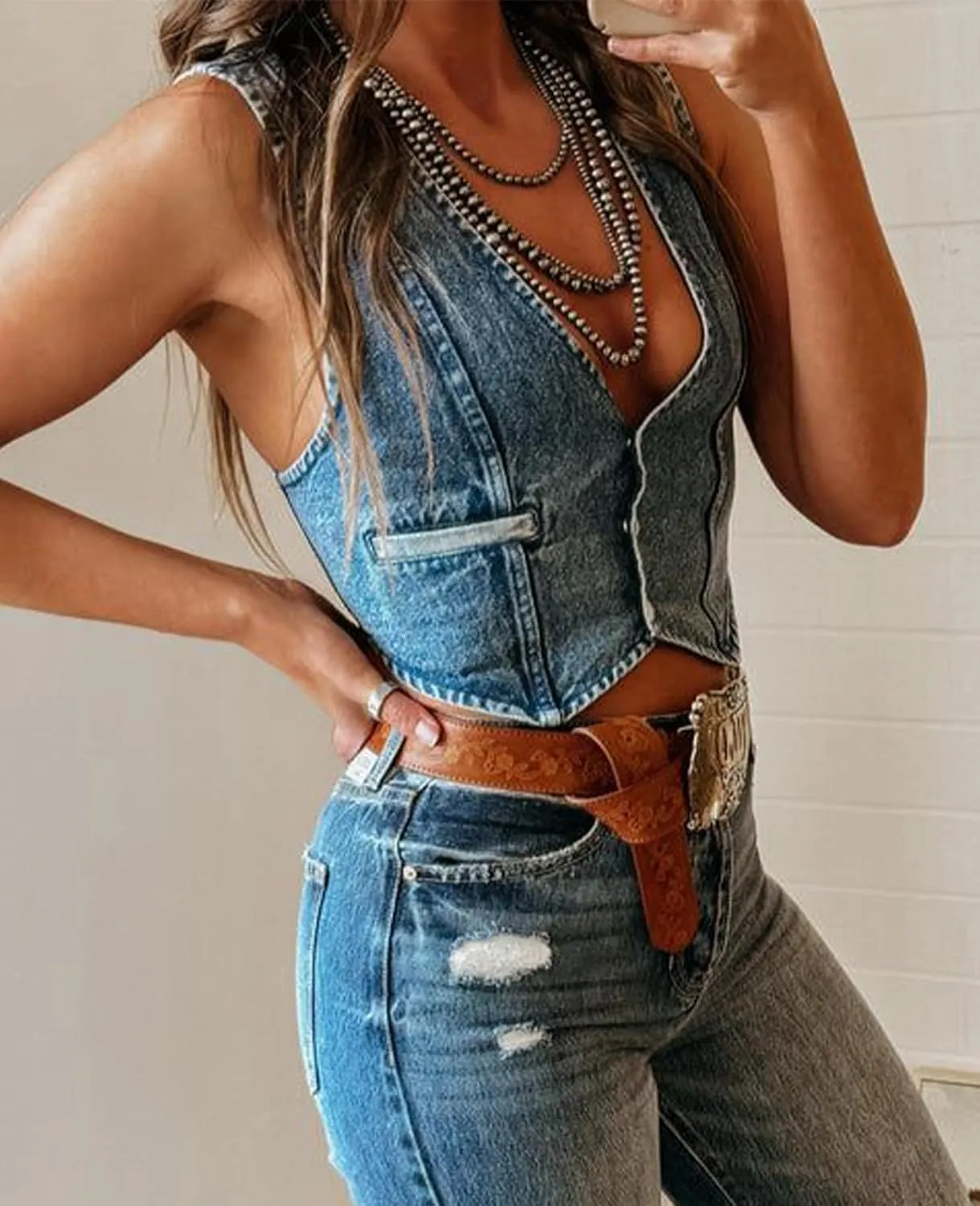 MINTLIMIT Women's Denim Vest Sleeveless V Neck Button Down Jean Waistcoat Y2K Cropped Denim Jacket Country Trendy Outfits