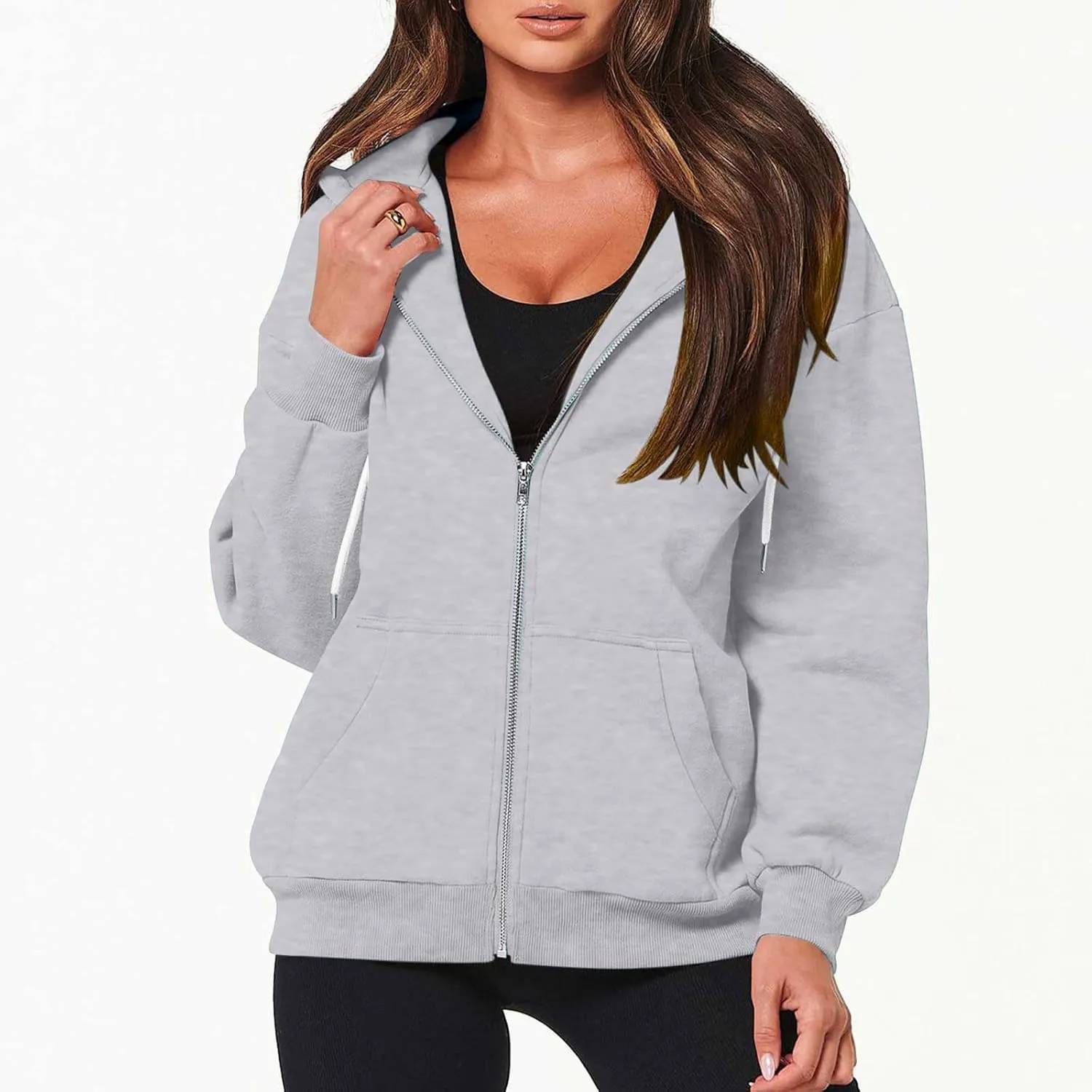 nerohusy Women's Cute Hoodies Girl Fall 2023 Jacket Oversized Sweatshirts Casual Drawstring Zip Up Y2K Hoodie with Pocket