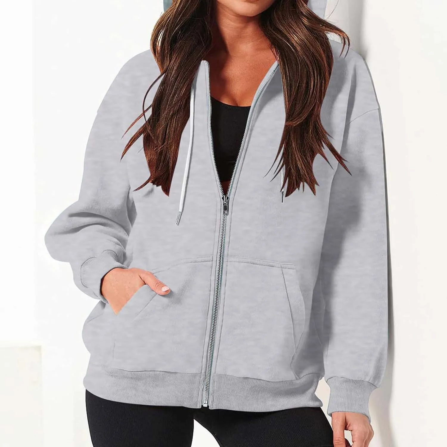 nerohusy Women's Cute Hoodies Girl Fall 2023 Jacket Oversized Sweatshirts Casual Drawstring Zip Up Y2K Hoodie with Pocket