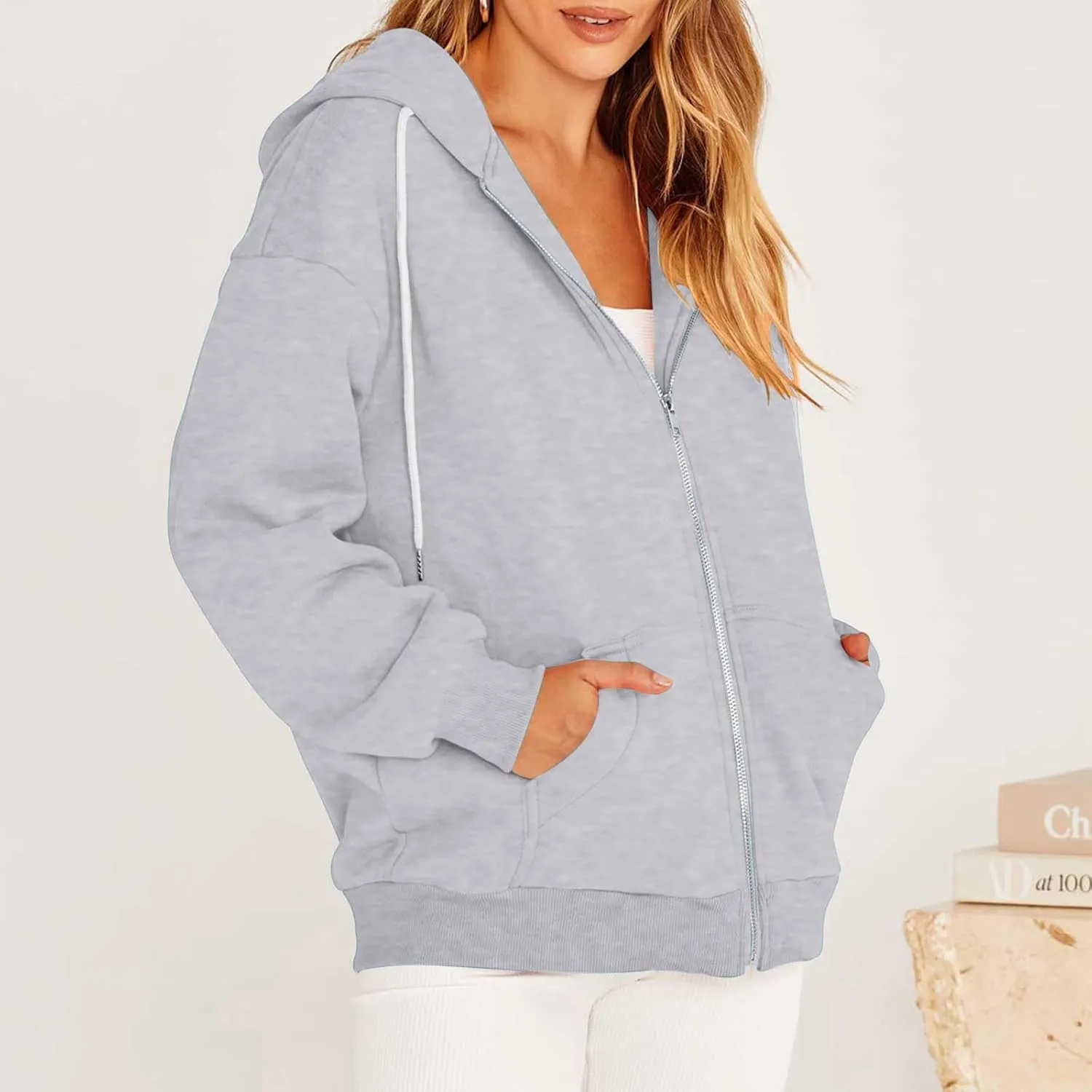 nerohusy Women's Cute Hoodies Girl Fall 2023 Jacket Oversized Sweatshirts Casual Drawstring Zip Up Y2K Hoodie with Pocket