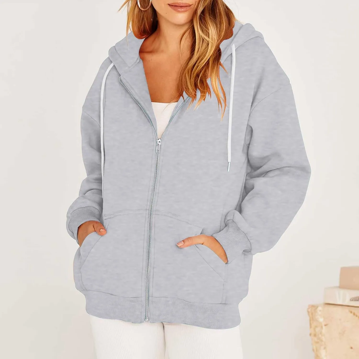 nerohusy Women's Cute Hoodies Girl Fall 2023 Jacket Oversized Sweatshirts Casual Drawstring Zip Up Y2K Hoodie with Pocket