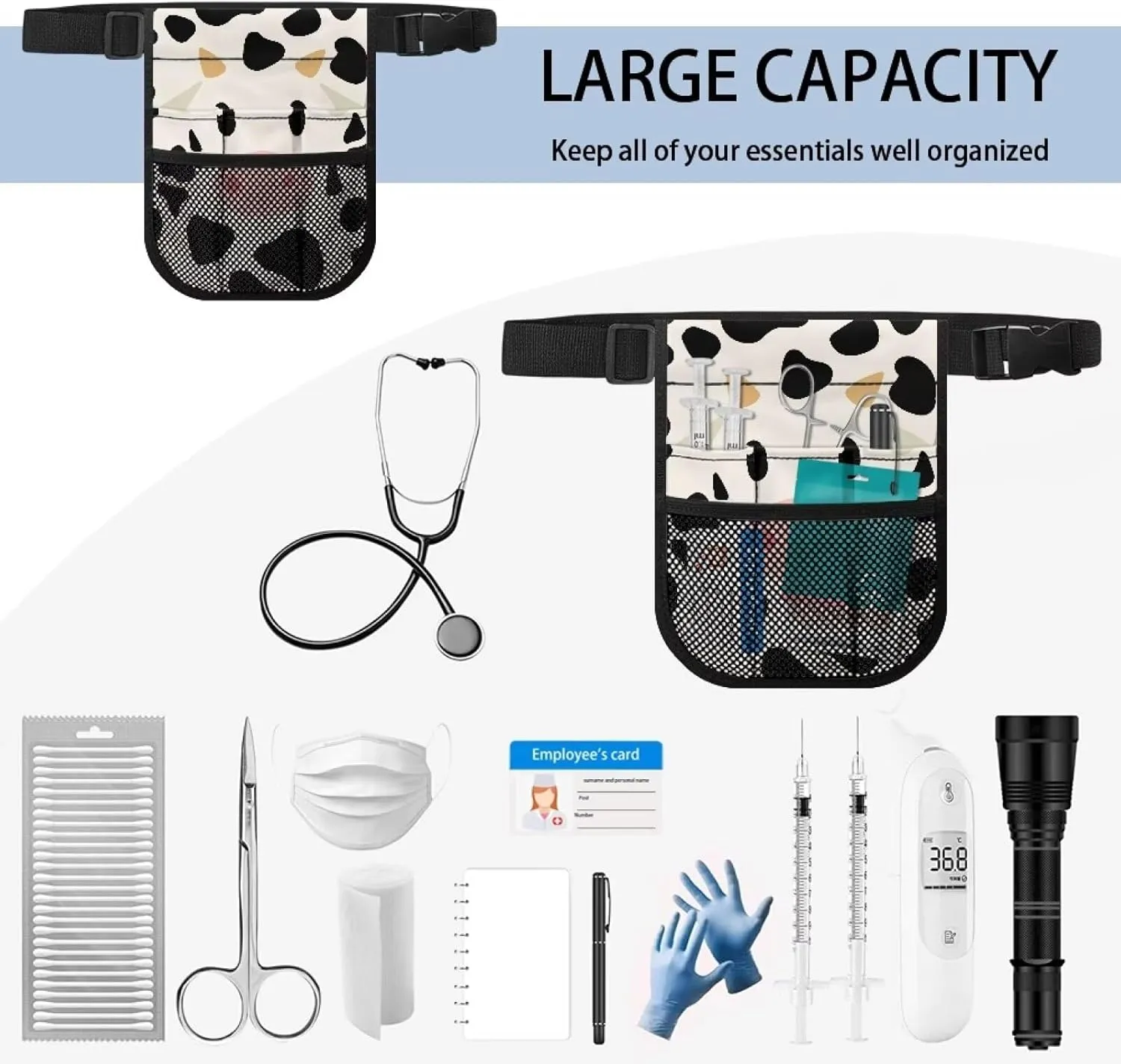 Nurse Fanny Pack, Nursing Belt Organizer with Adjustable Waist Strap with Tape Holder and Multiple Compartments,Cartoon Cow