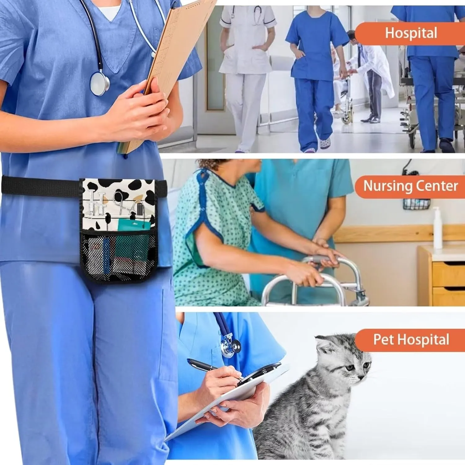 Nurse Fanny Pack, Nursing Belt Organizer with Adjustable Waist Strap with Tape Holder and Multiple Compartments,Cartoon Cow