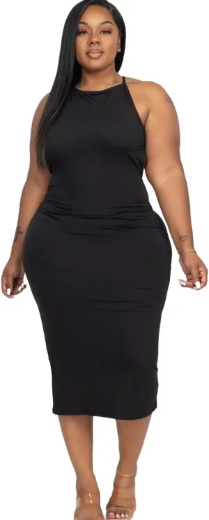 Plus Size Casual Open Criss Cross Back Midi Dress Black