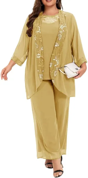 Plus Size Mother of The Bride Pant Suits 3 Pieces Chiffon Appliques Outfit Sets Special Occasion Wear