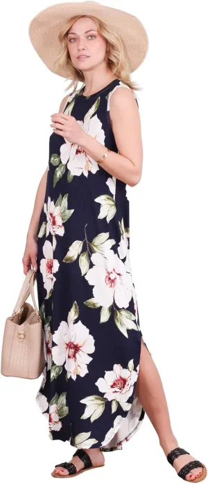 Popana Womens Casual Sleeveless Split Maxi Dress Summer Beach Vacation Sundress with Pockets Plus Size Made in USA