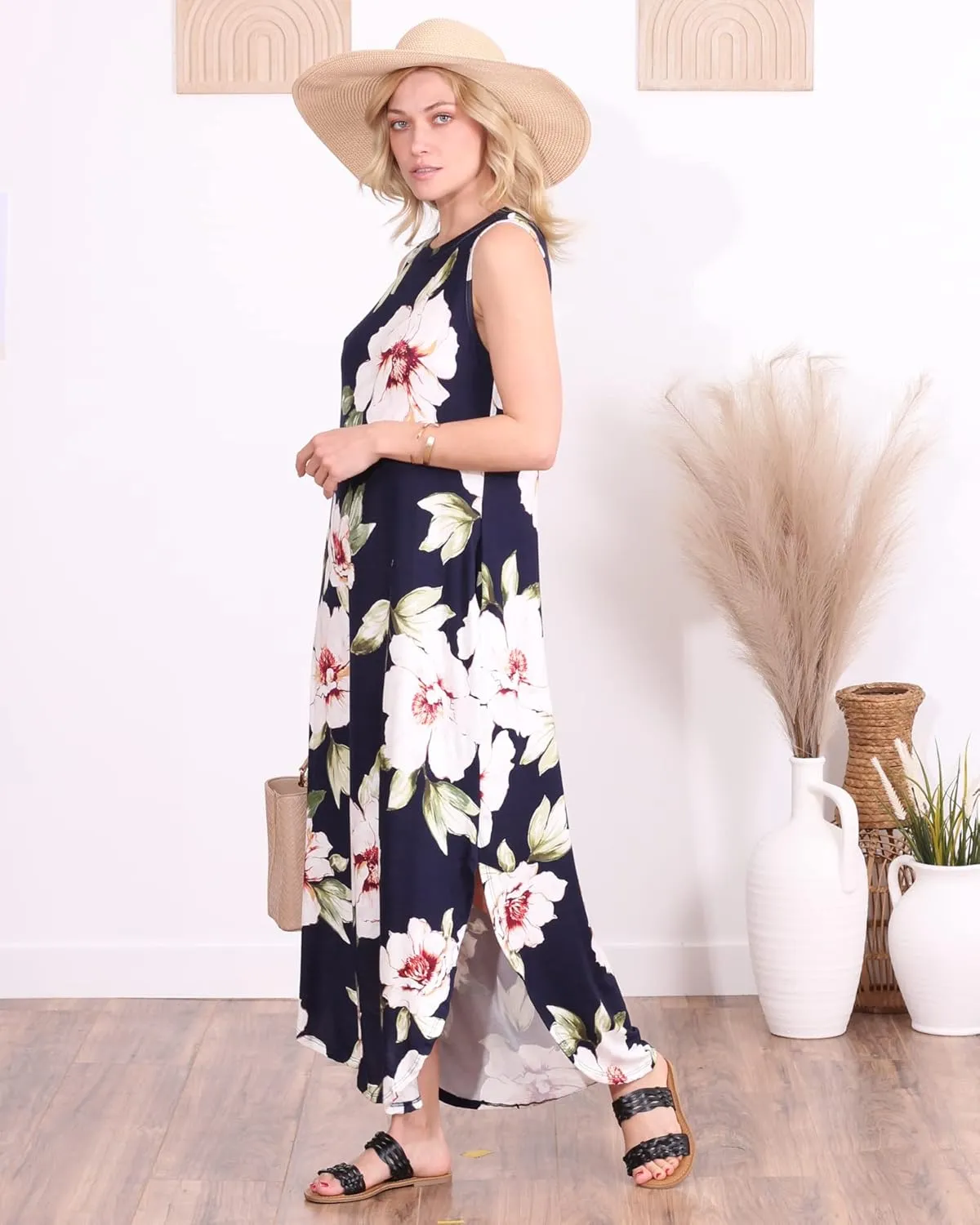 Popana Womens Casual Sleeveless Split Maxi Dress Summer Beach Vacation Sundress with Pockets Plus Size Made in USA