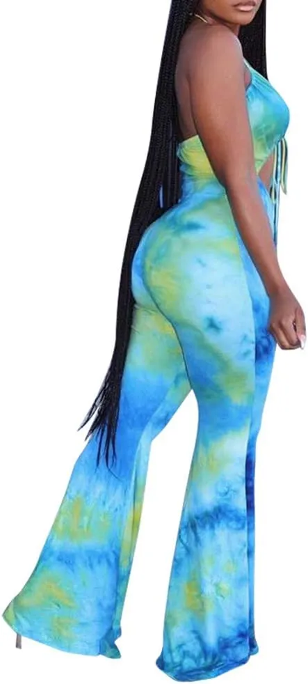 Remelon Womens Spaghetti Strap Halter Tie Dye Print Cut Out Bodycon Bell Flare Pants Club Party One Piece Jumpsuits Rompers